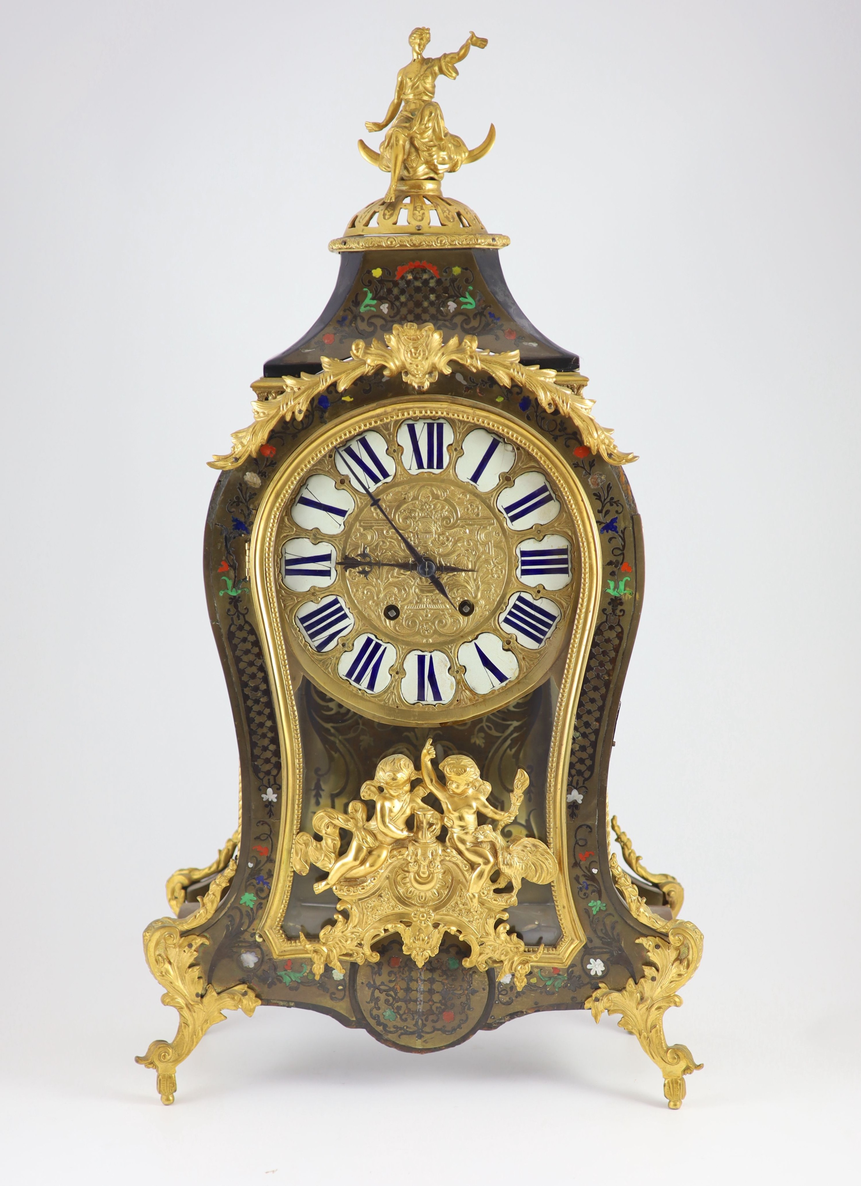 A Louis XV style ormolu mounted boullework mantel clock, height 81cm